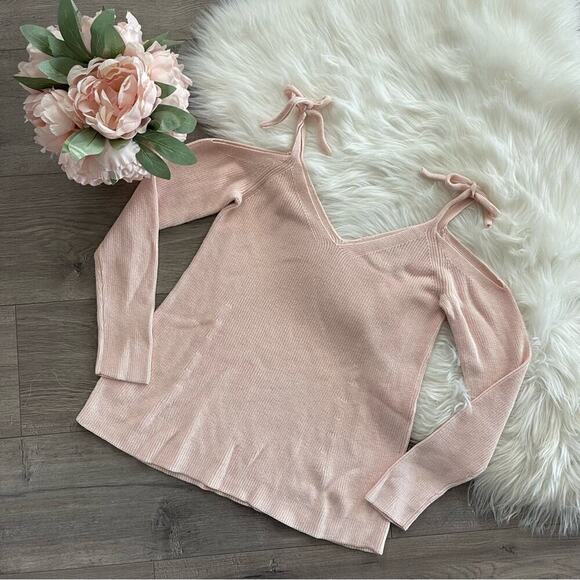 New LOFT Light Pink Cold Shoulder Bow Tie Strap Sweater XS - Picture 3 of 7